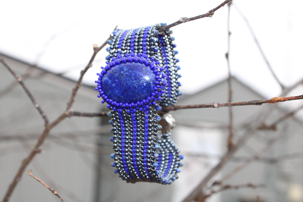 Lapis Lazuli Wide Cuff Beaded Bracelet