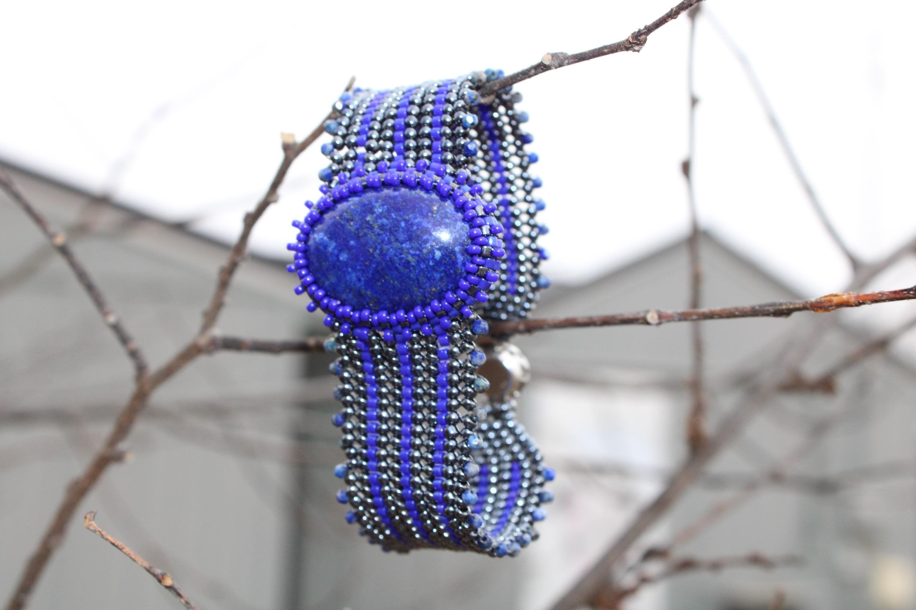 Lapis Lazuli Wide Cuff Beaded Bracelet