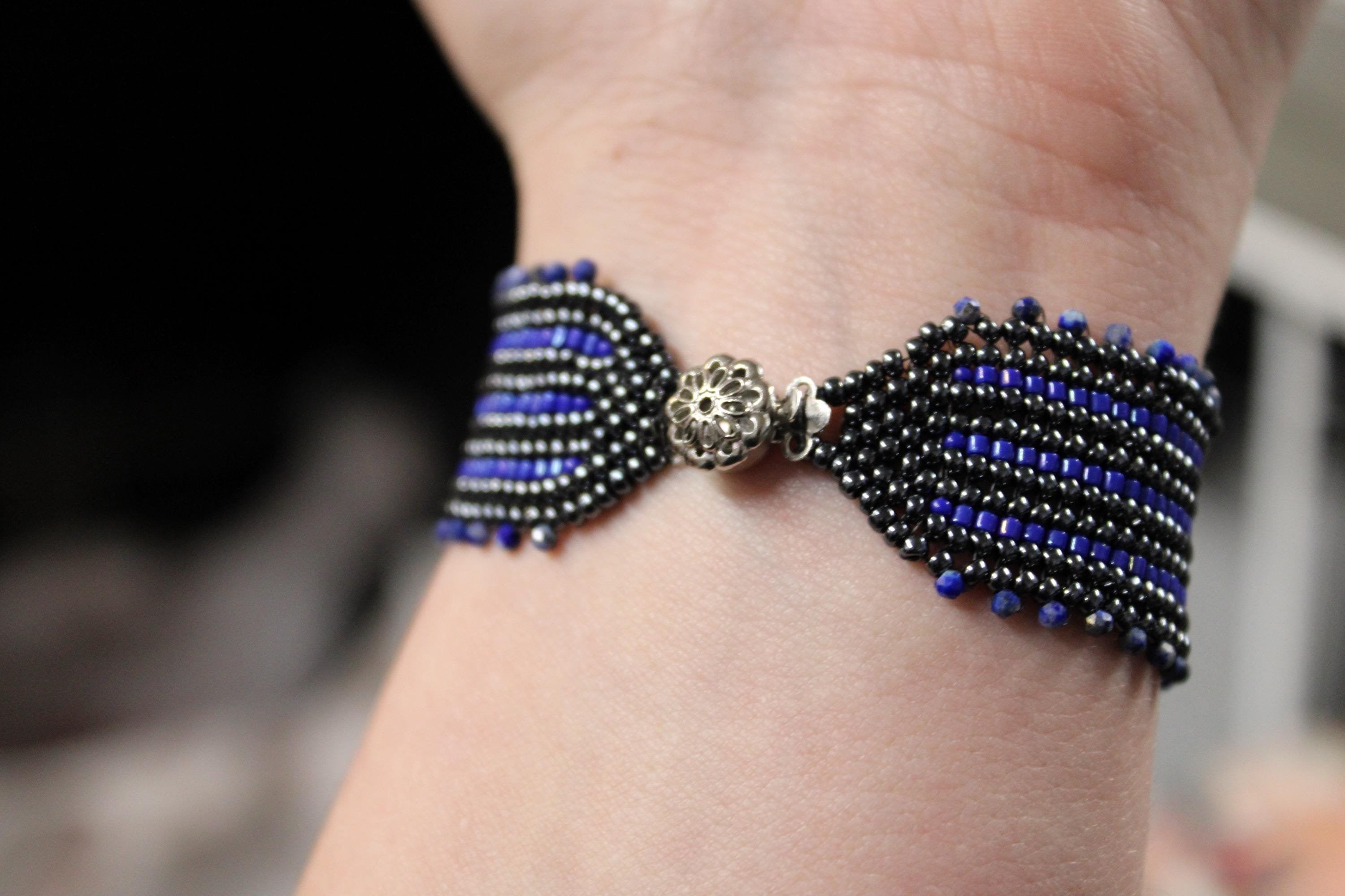 Lapis Lazuli Wide Cuff Beaded Bracelet