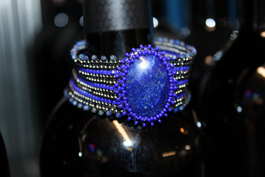 Lapis Lazuli Wide Cuff Beaded Bracelet