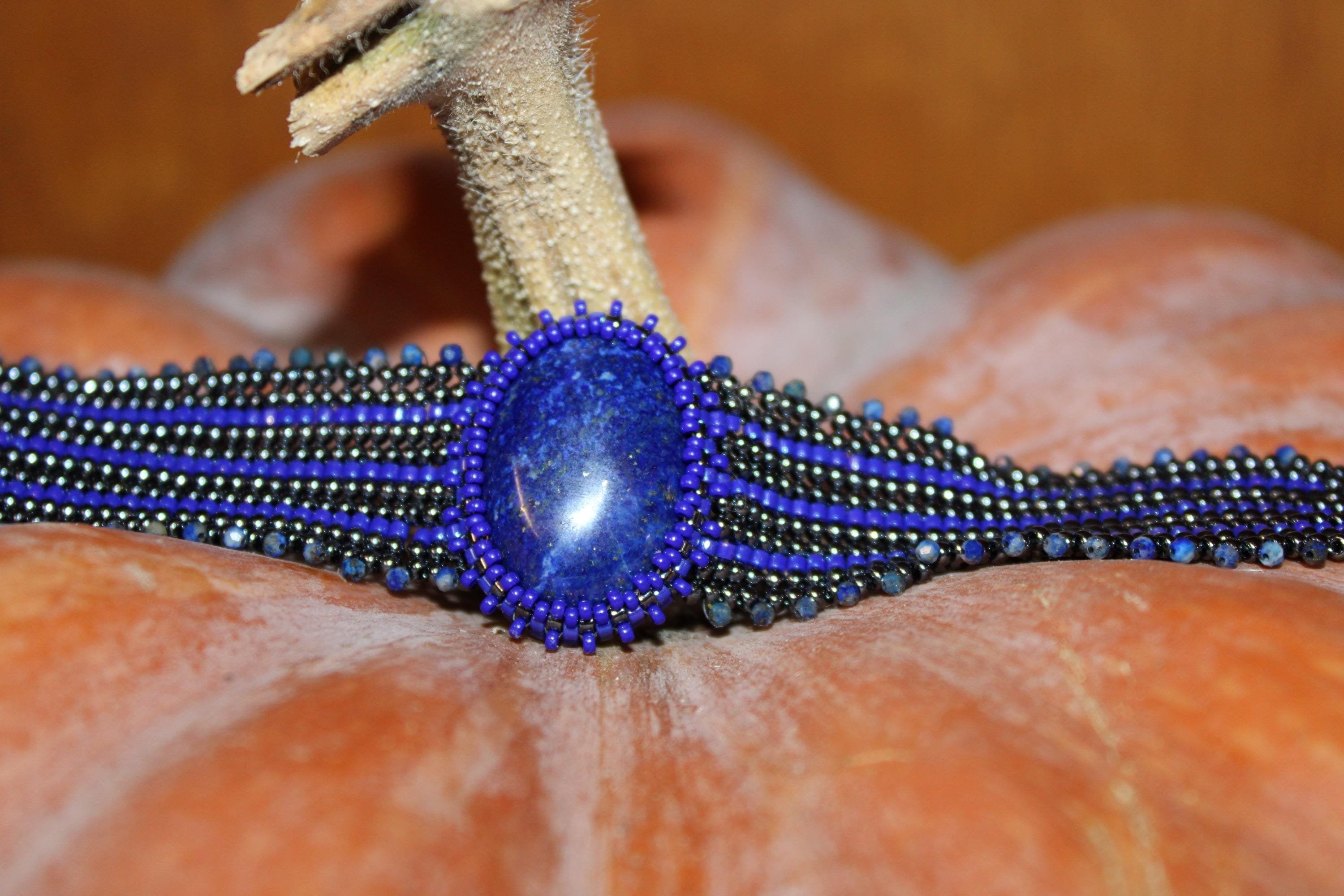 Lapis Lazuli Wide Cuff Beaded Bracelet
