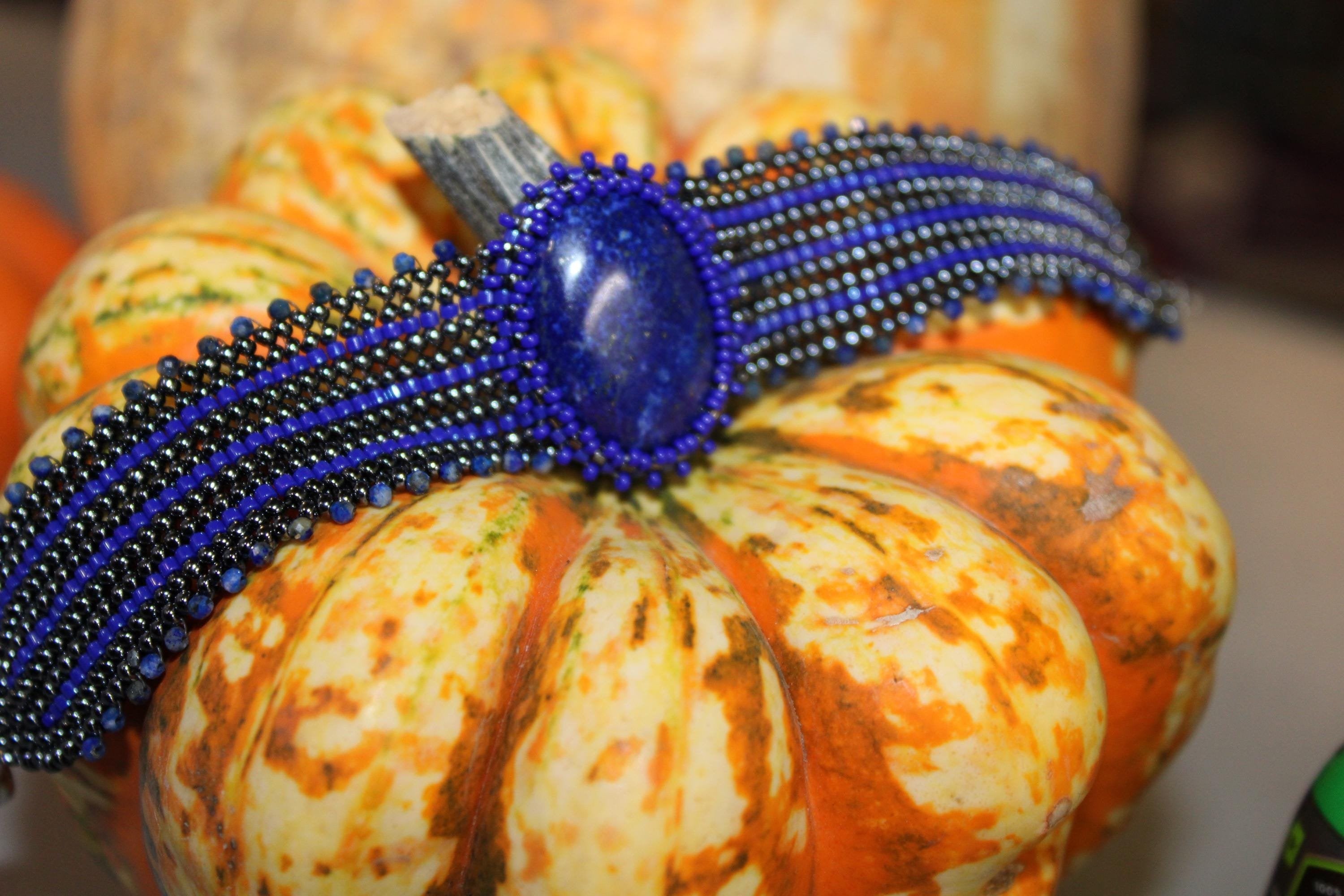 Lapis Lazuli Wide Cuff Beaded Bracelet