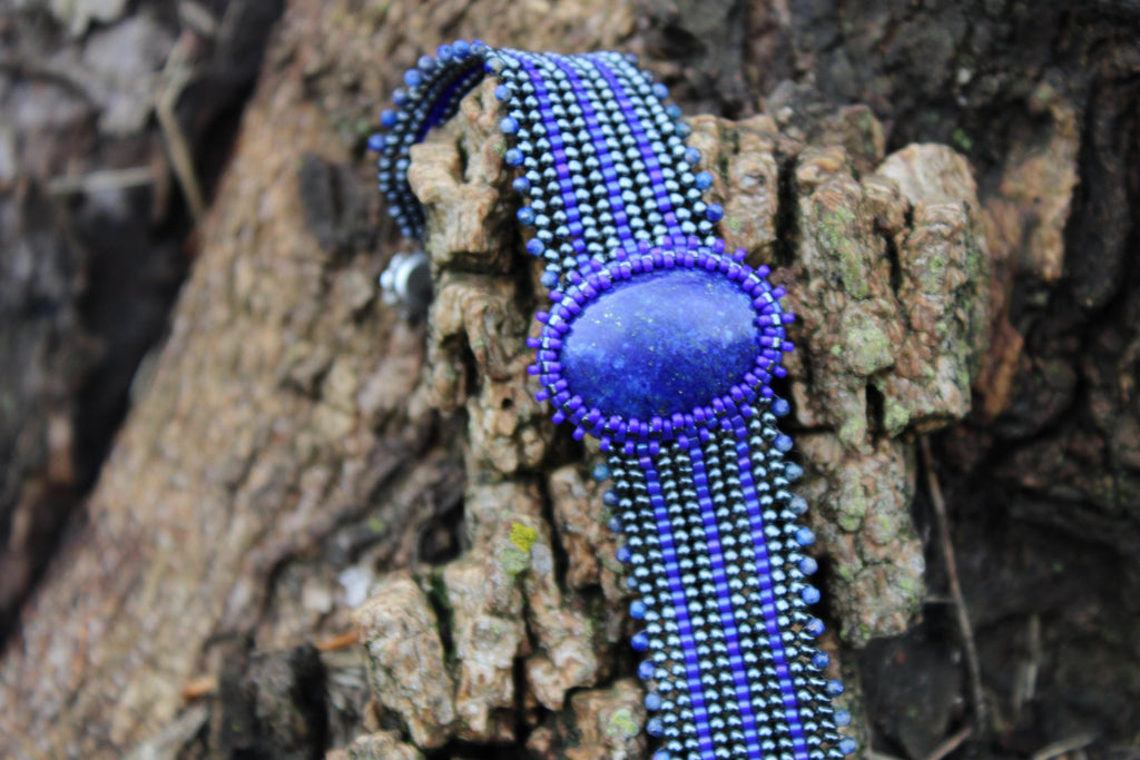 Lapis Lazuli Wide Cuff Beaded Bracelet