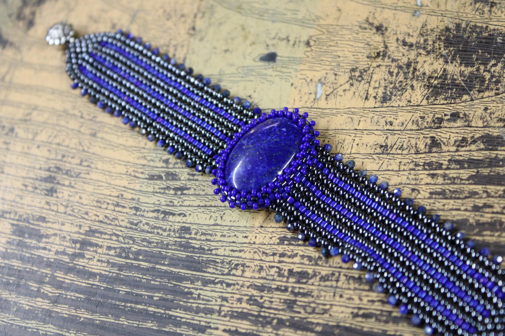 Lapis Lazuli Wide Cuff Beaded Bracelet