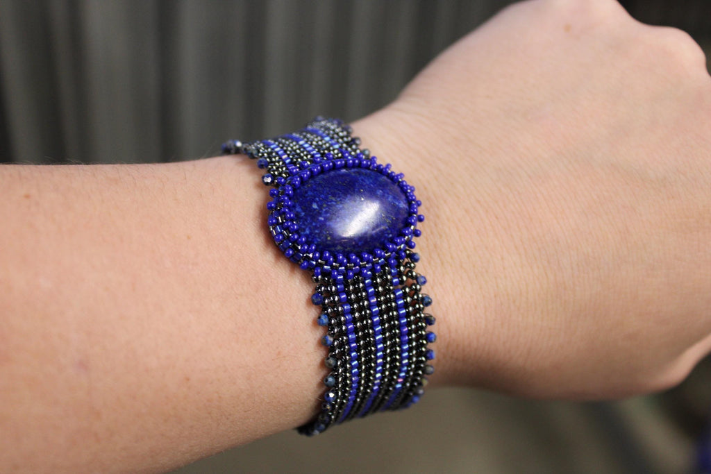 Lapis Lazuli Wide Cuff Beaded Bracelet