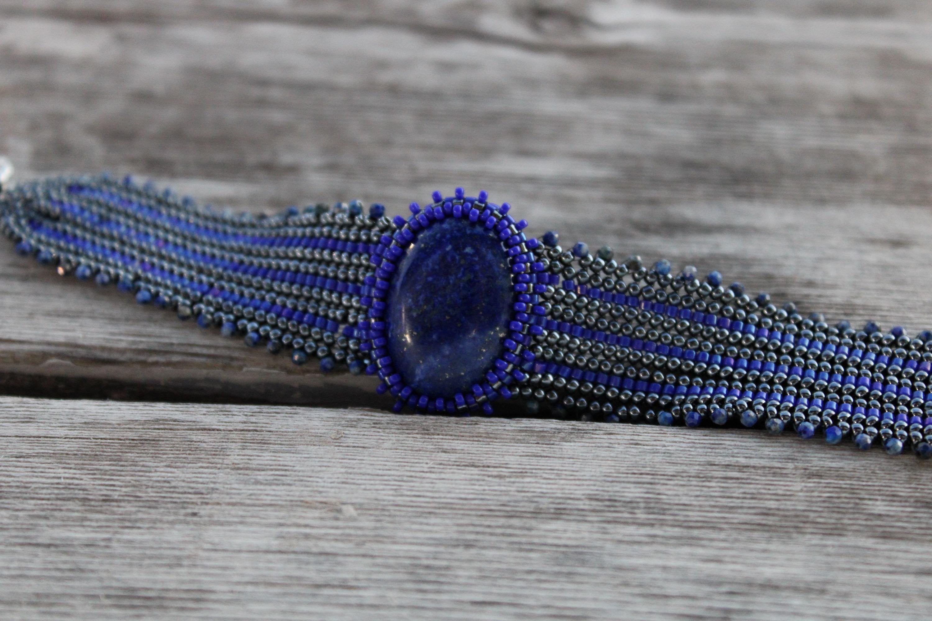 Lapis Lazuli Wide Cuff Beaded Bracelet