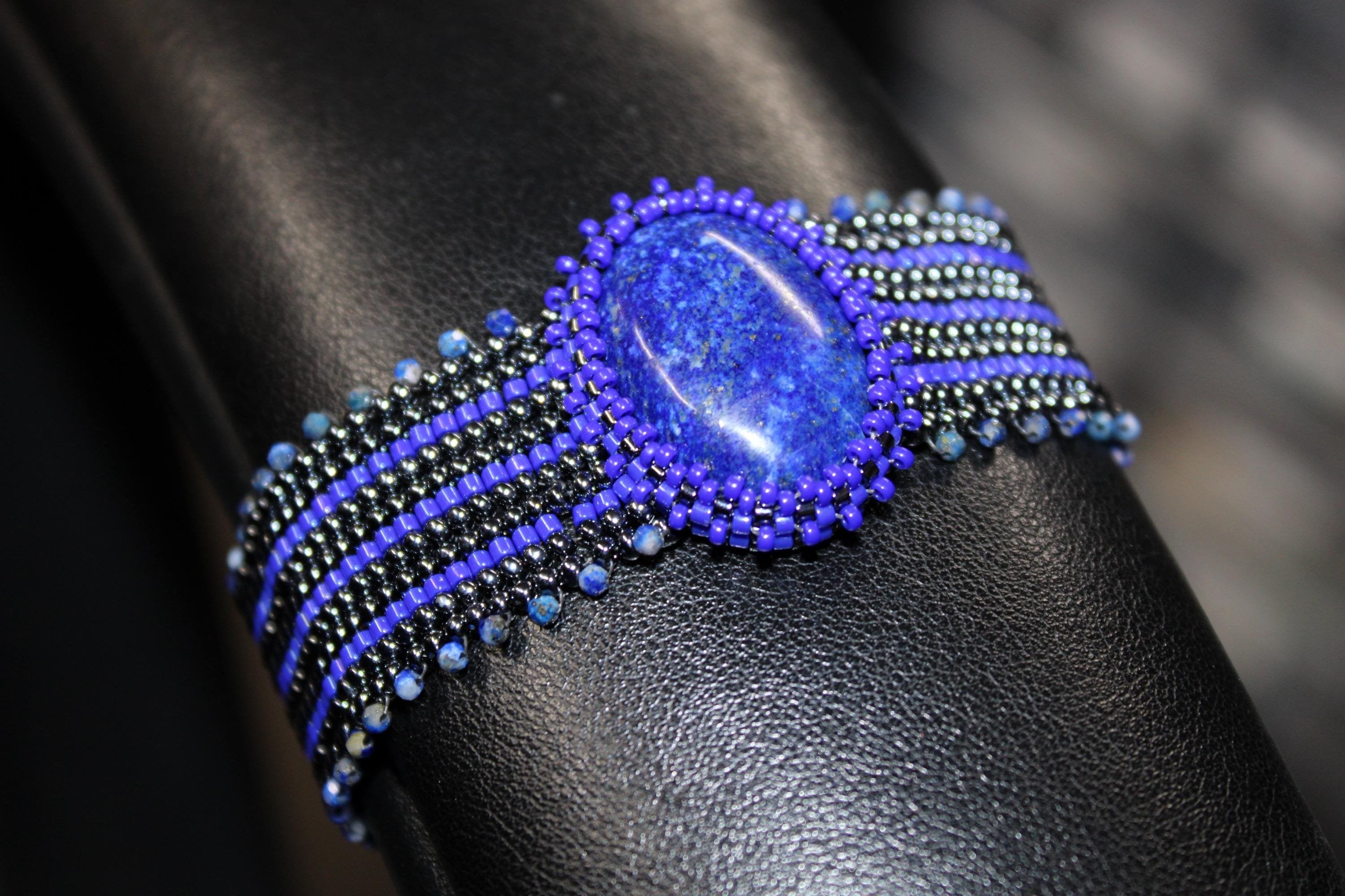 Lapis Lazuli Wide Cuff Beaded Bracelet