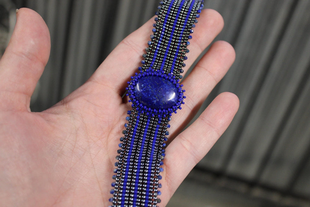 Lapis Lazuli Wide Cuff Beaded Bracelet