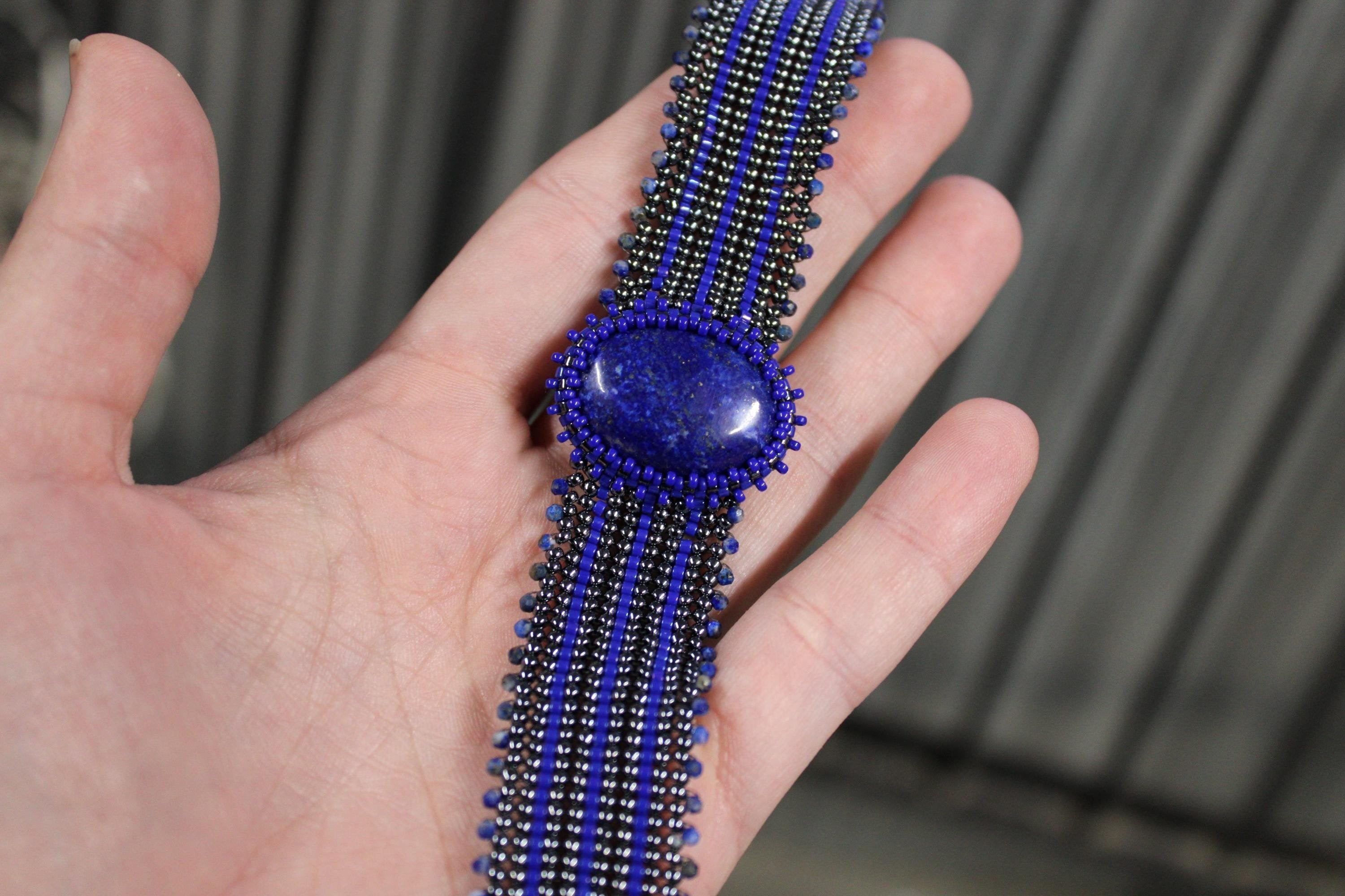 Lapis Lazuli Wide Cuff Beaded Bracelet