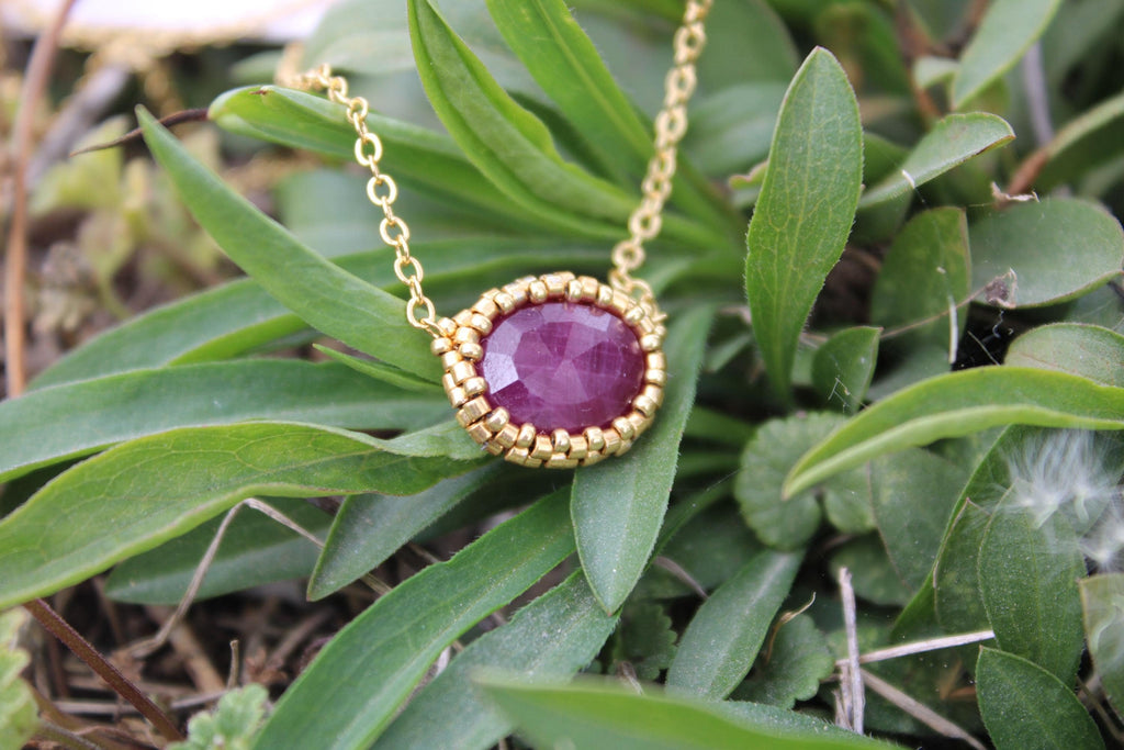 Natural Ruby Beaded Necklace with 18k Gold Plated Chain