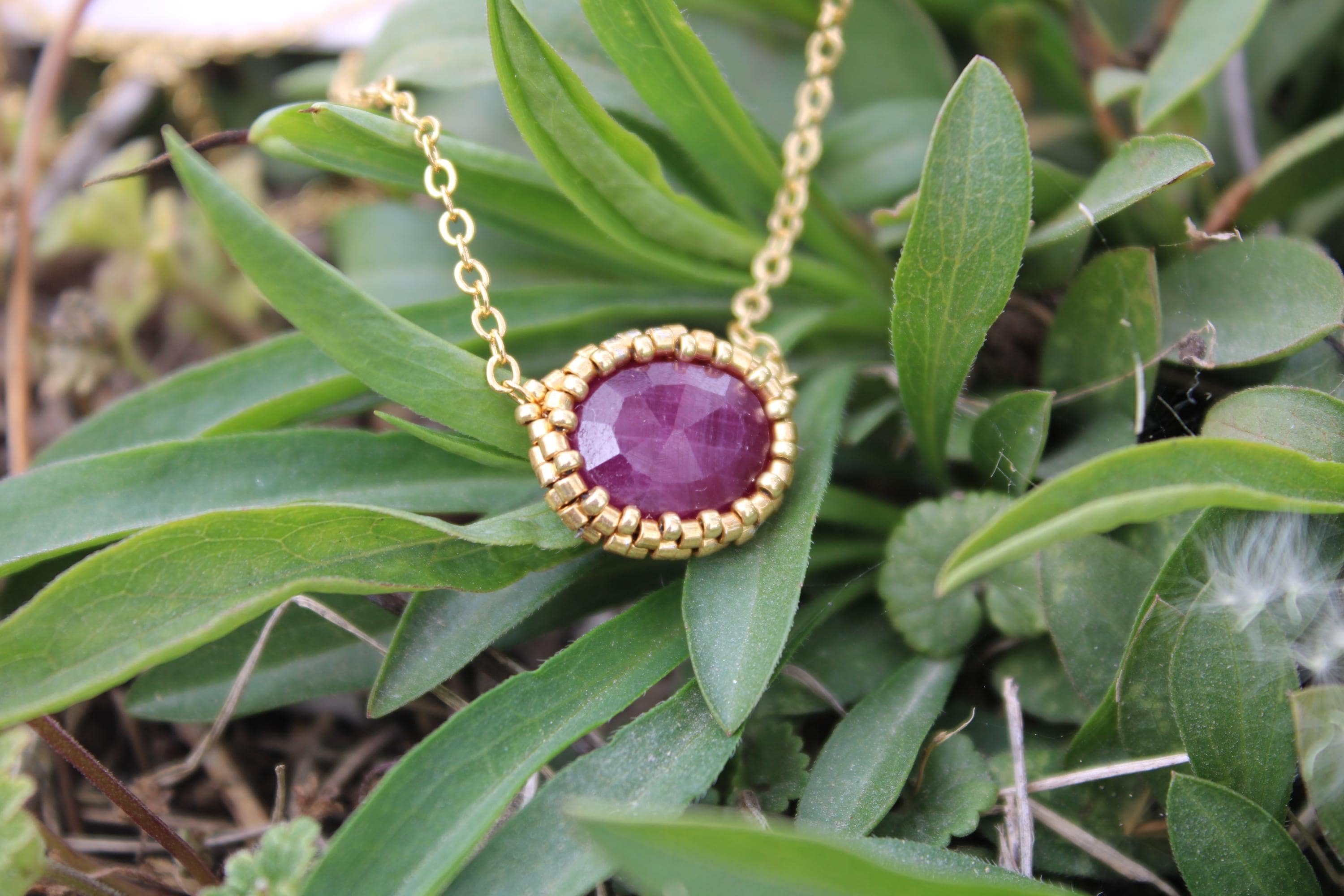 Natural Ruby Beaded Necklace with 18k Gold Plated Chain