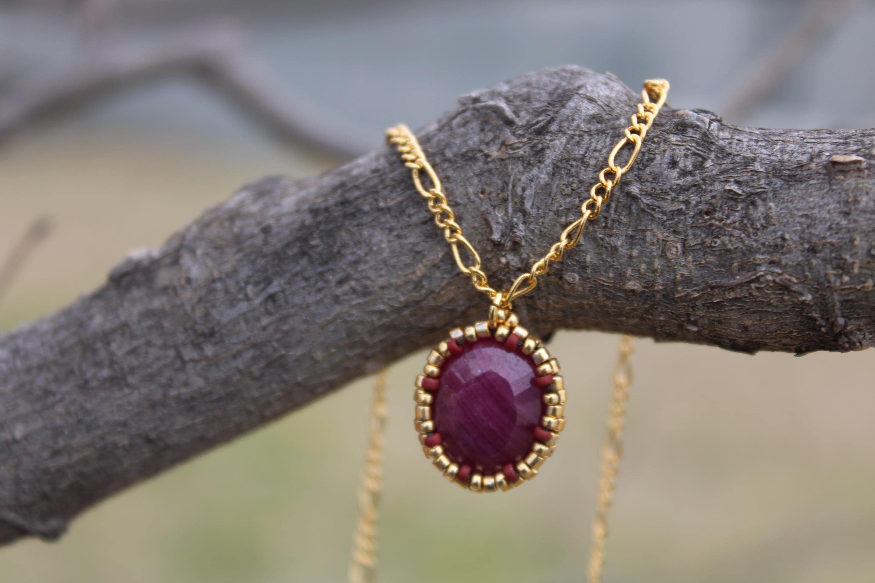 Natural Ruby Beaded Necklace with 18k Gold Plated Chain