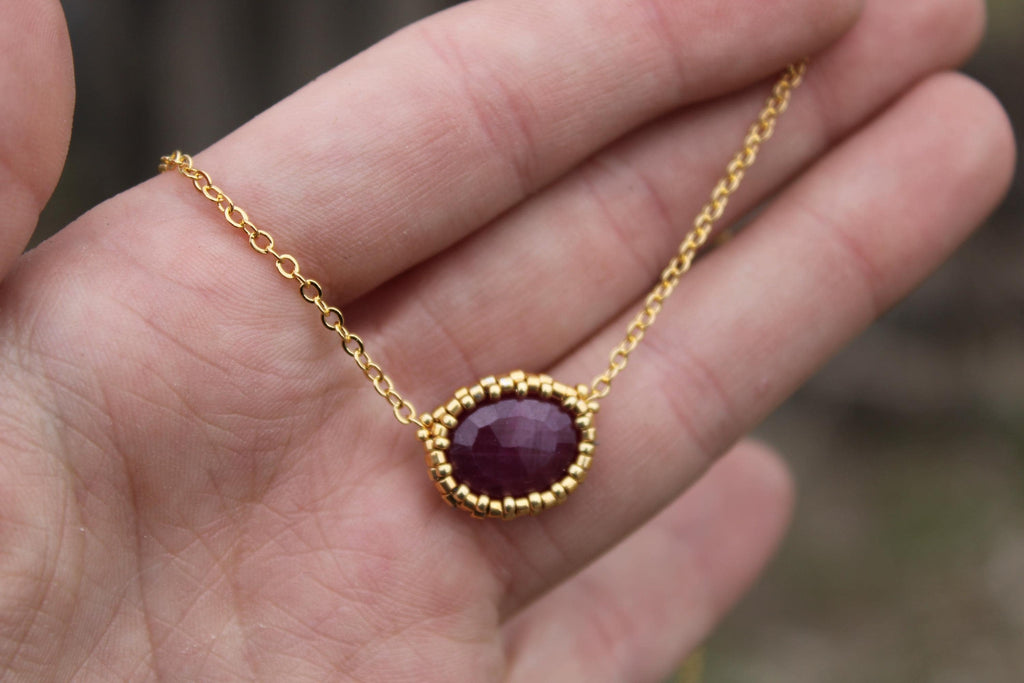 Natural Ruby Beaded Necklace with 18k Gold Plated Chain