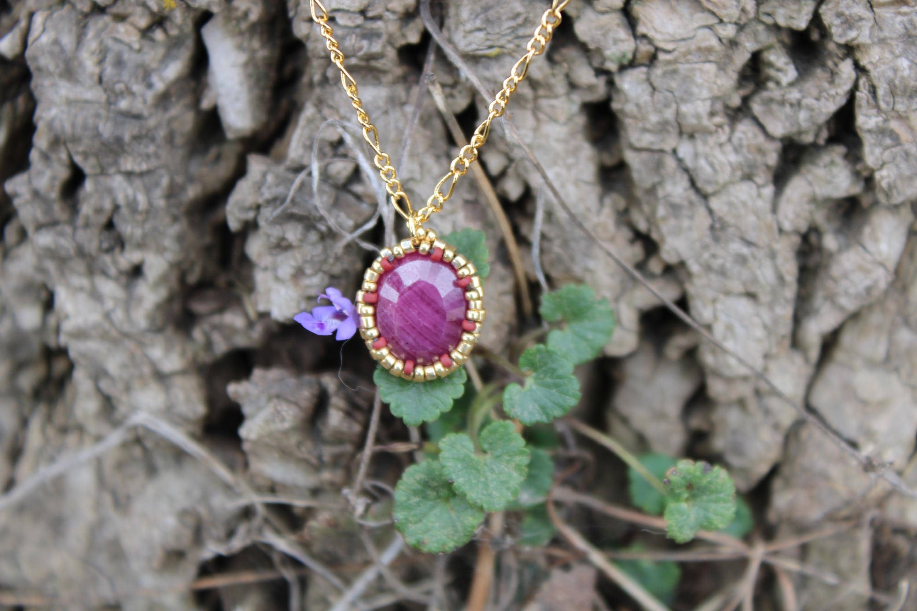 Natural Ruby Beaded Necklace with 18k Gold Plated Chain