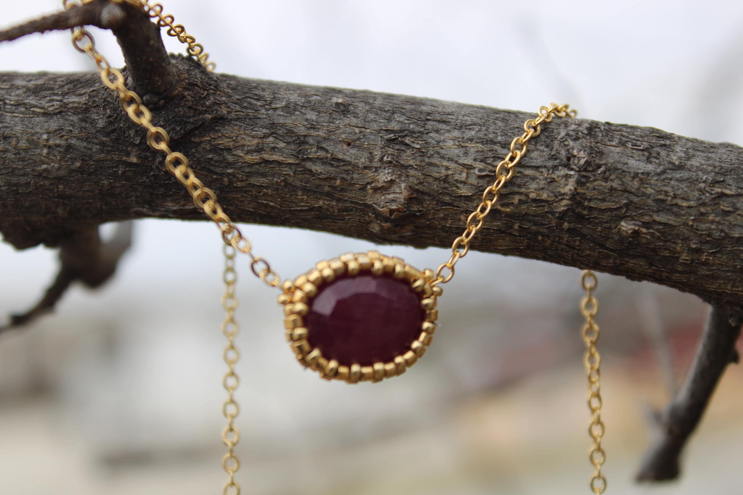 Natural Ruby Beaded Necklace with 18k Gold Plated Chain