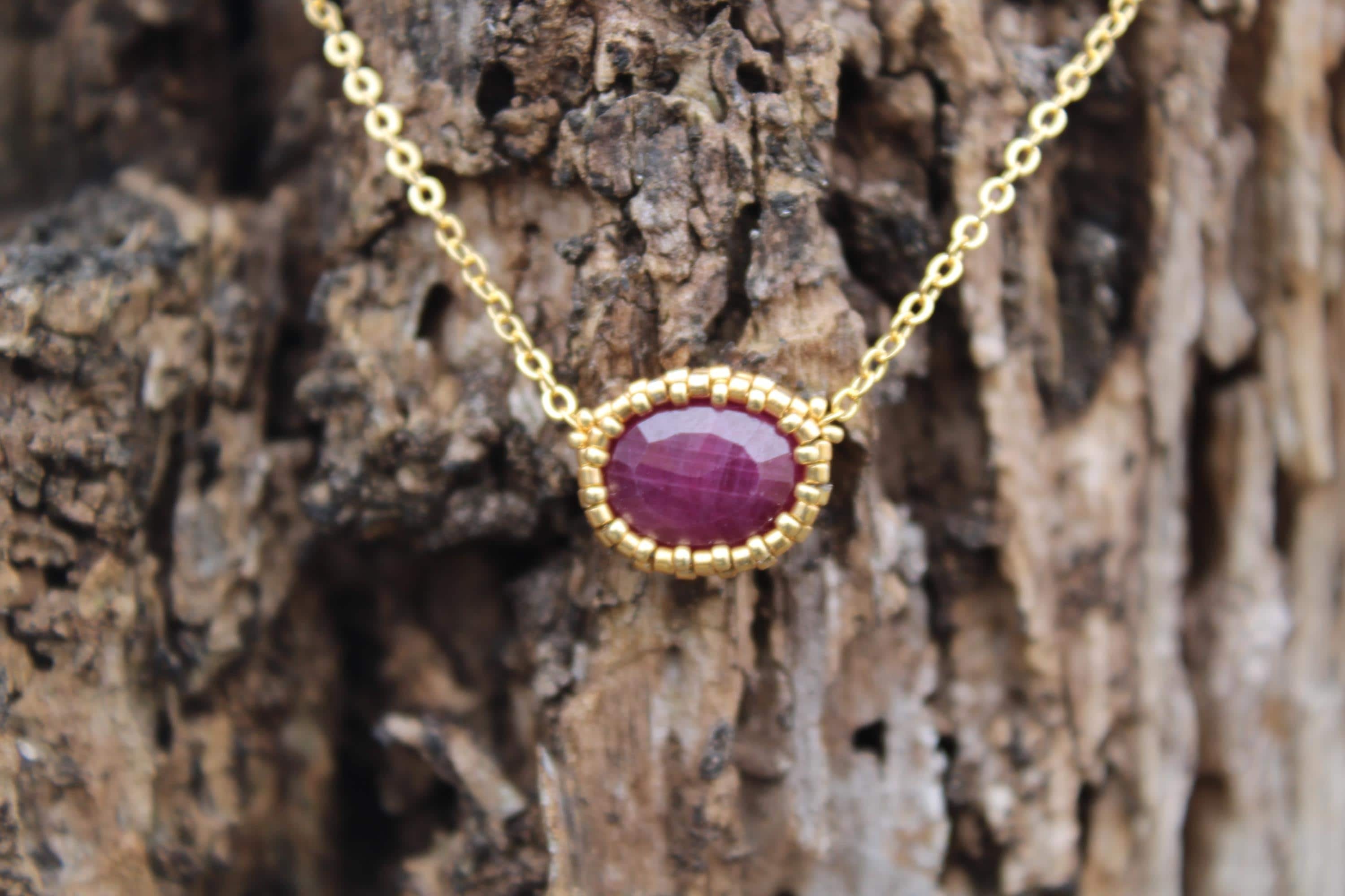 Natural Ruby Beaded Necklace with 18k Gold Plated Chain
