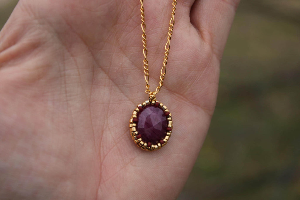 Natural Ruby Beaded Necklace with 18k Gold Plated Chain