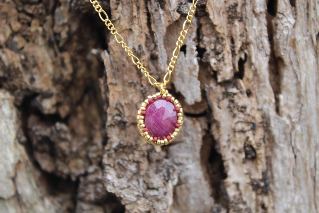 Natural Ruby Beaded Necklace with 18k Gold Plated Chain