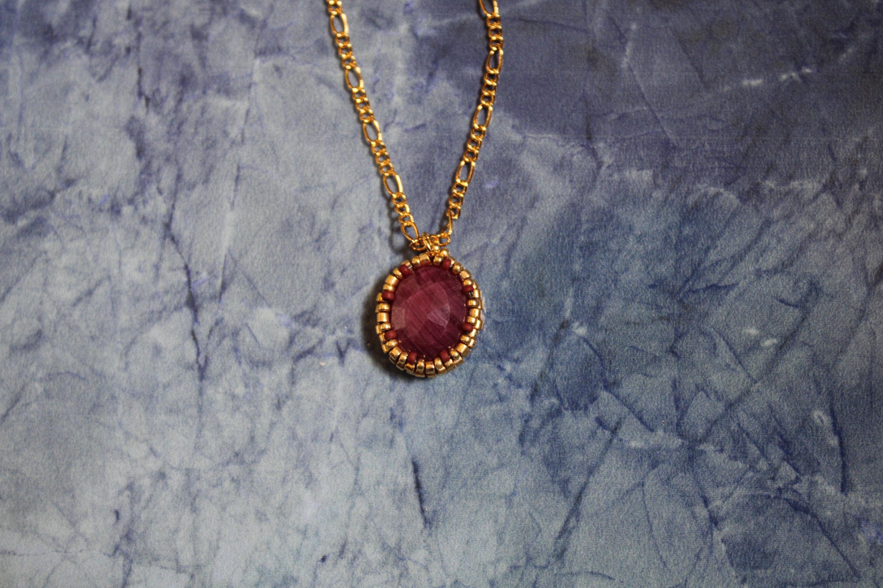 Natural Ruby Beaded Necklace with 18k Gold Plated Chain