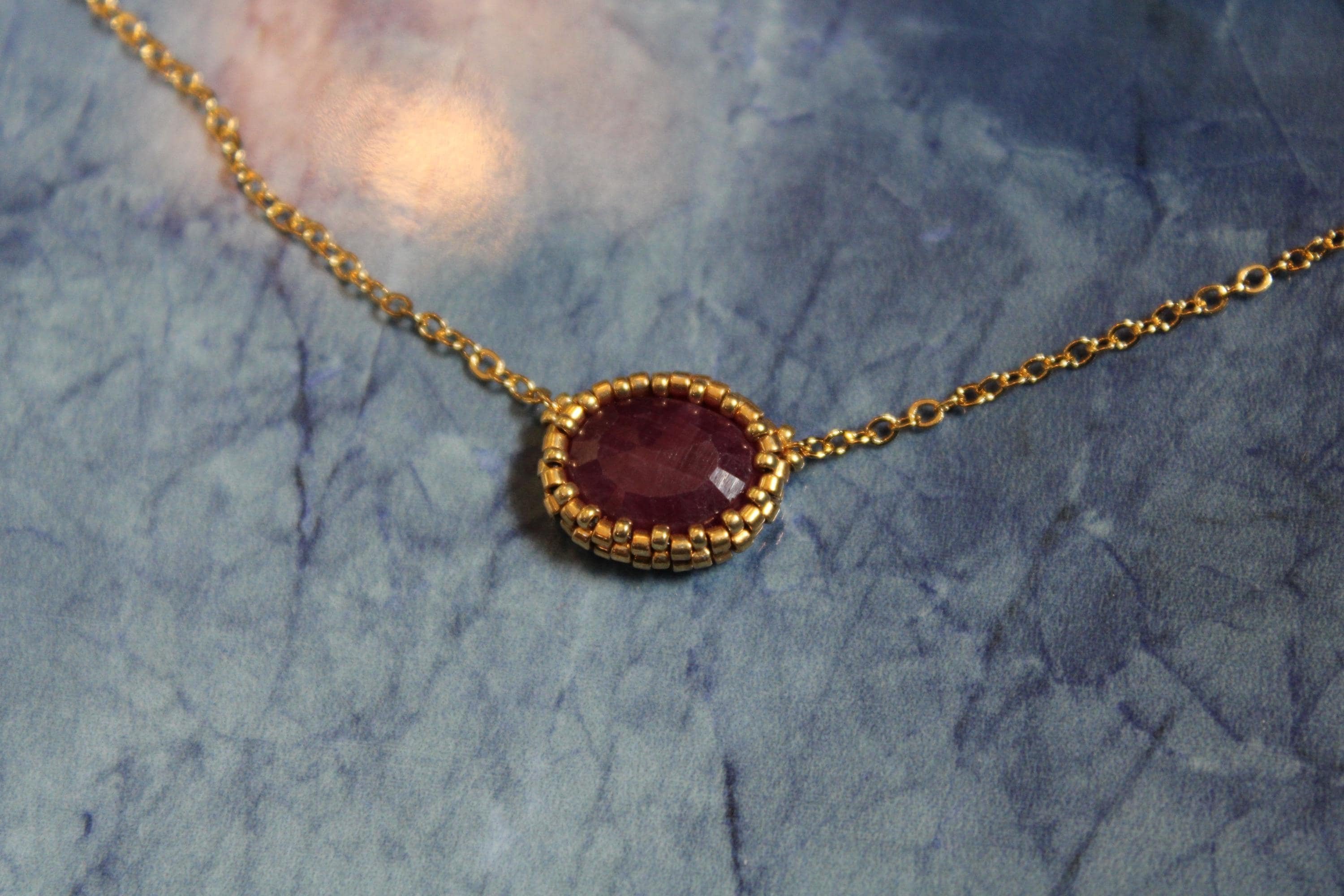 Natural Ruby Beaded Necklace with 18k Gold Plated Chain
