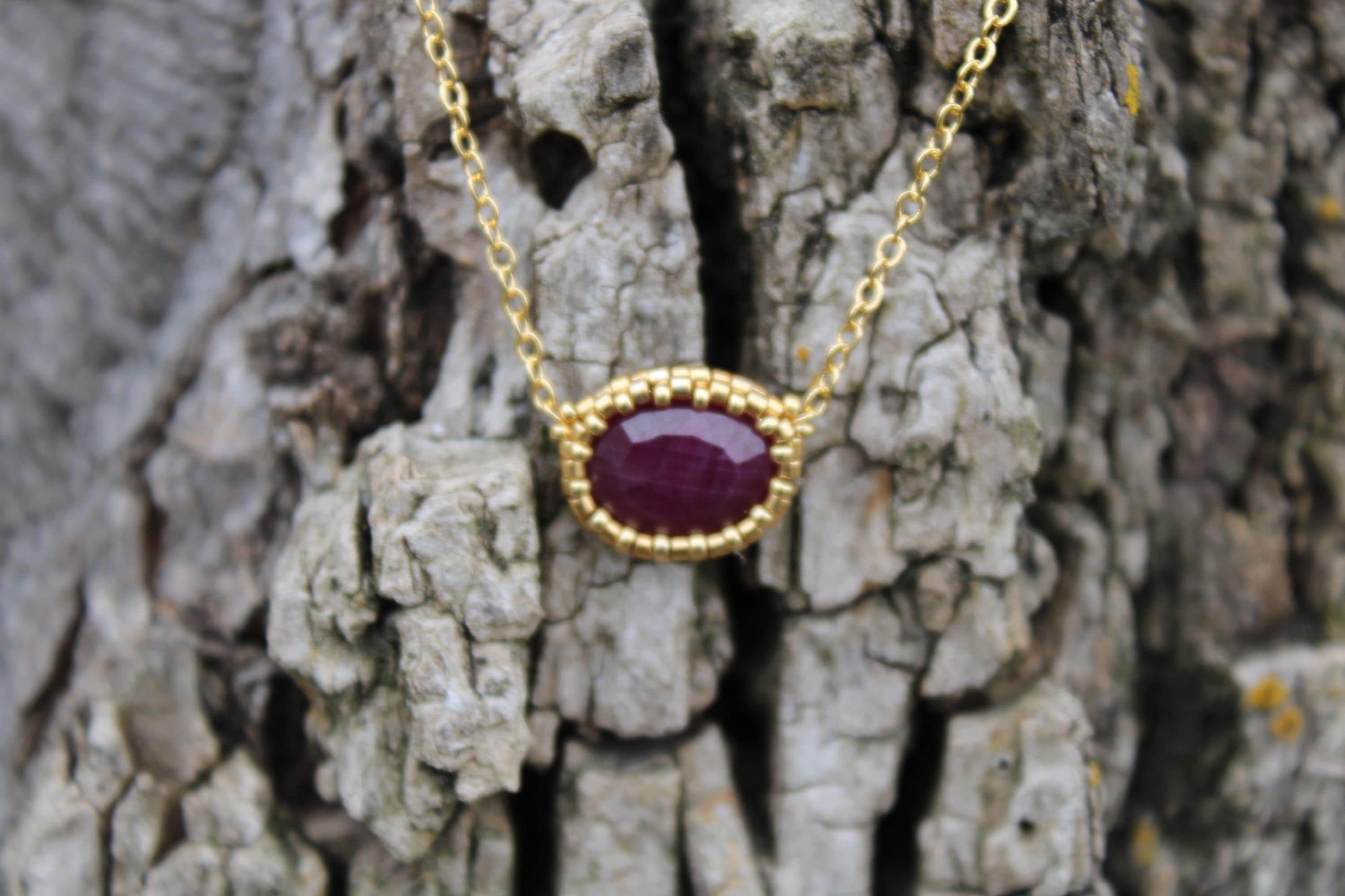Natural Ruby Beaded Necklace with 18k Gold Plated Chain