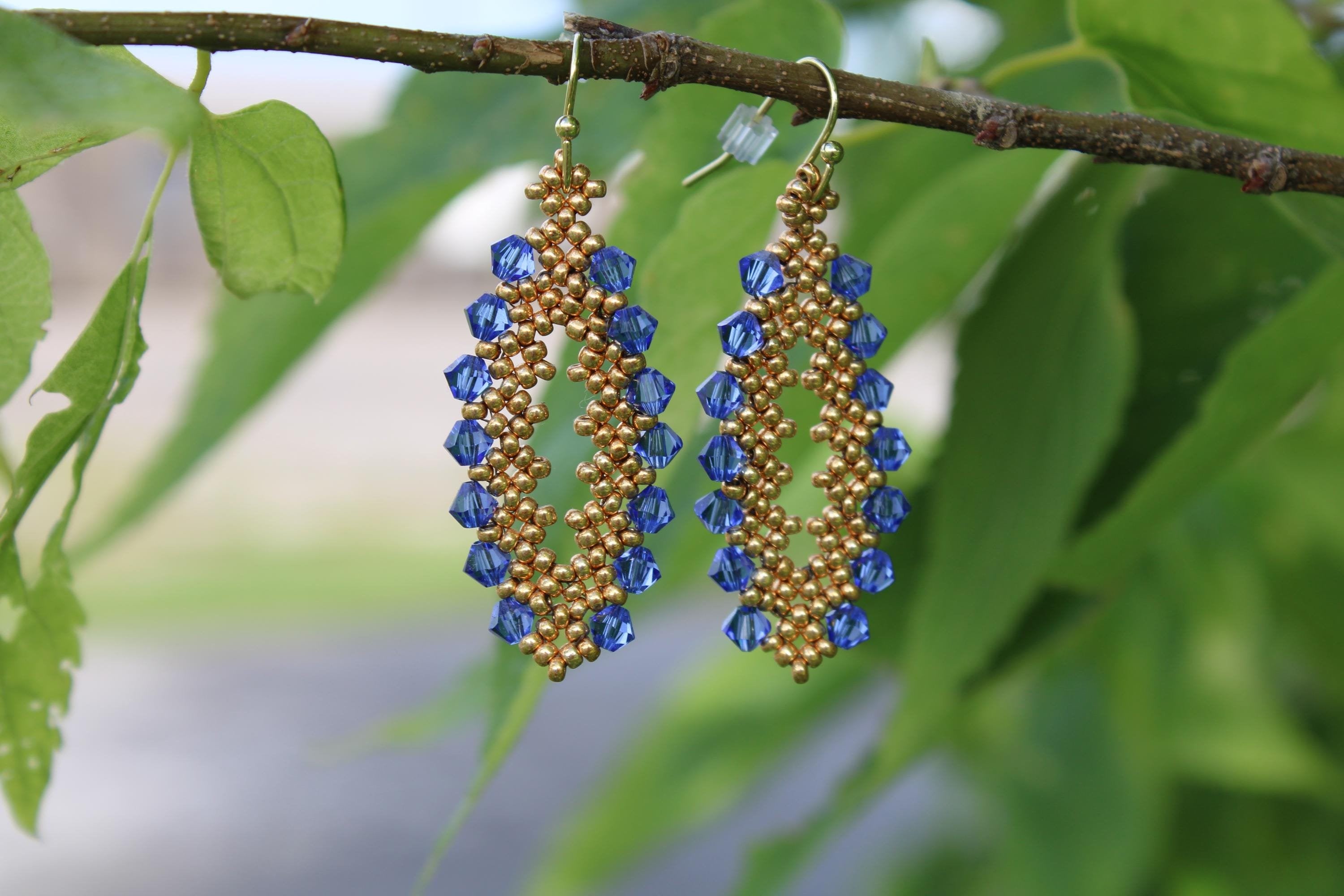 Gold and Blue Oval Beaded Earrings