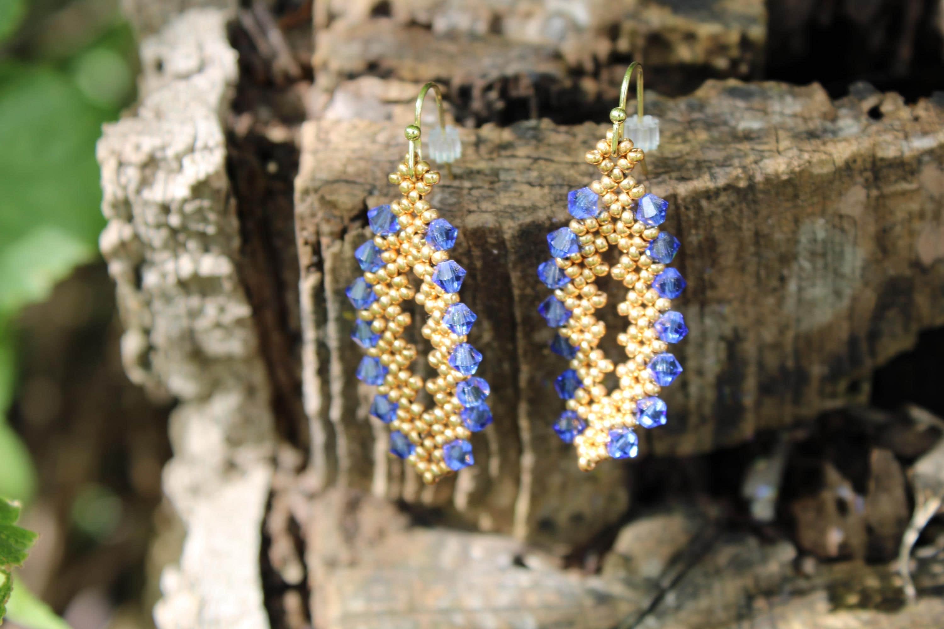 Gold and Blue Oval Beaded Earrings