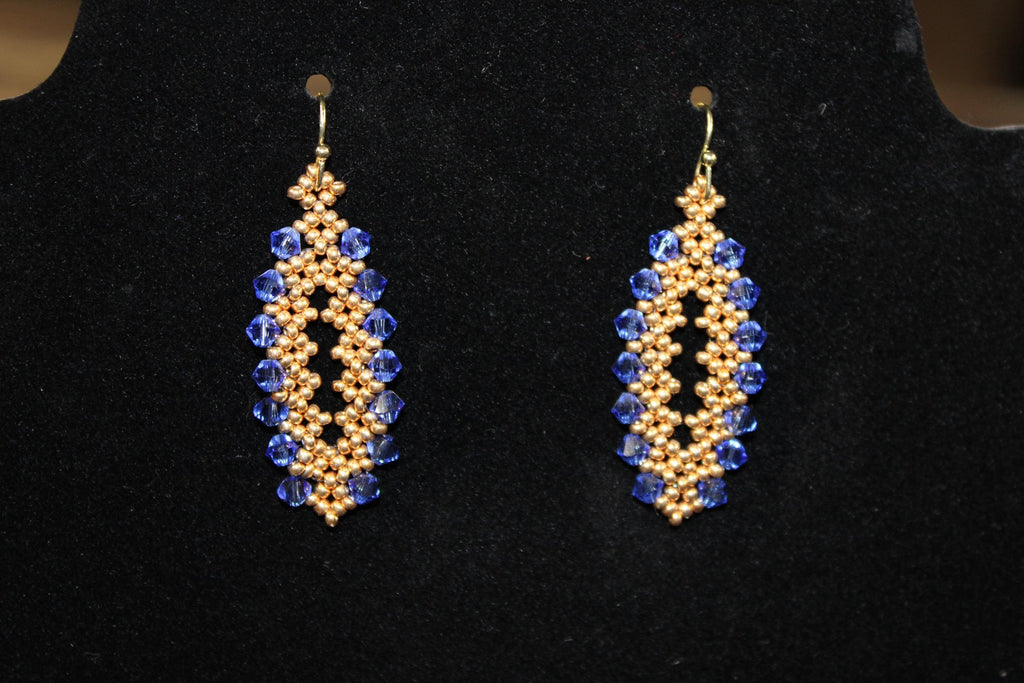 Gold and Blue Oval Beaded Earrings