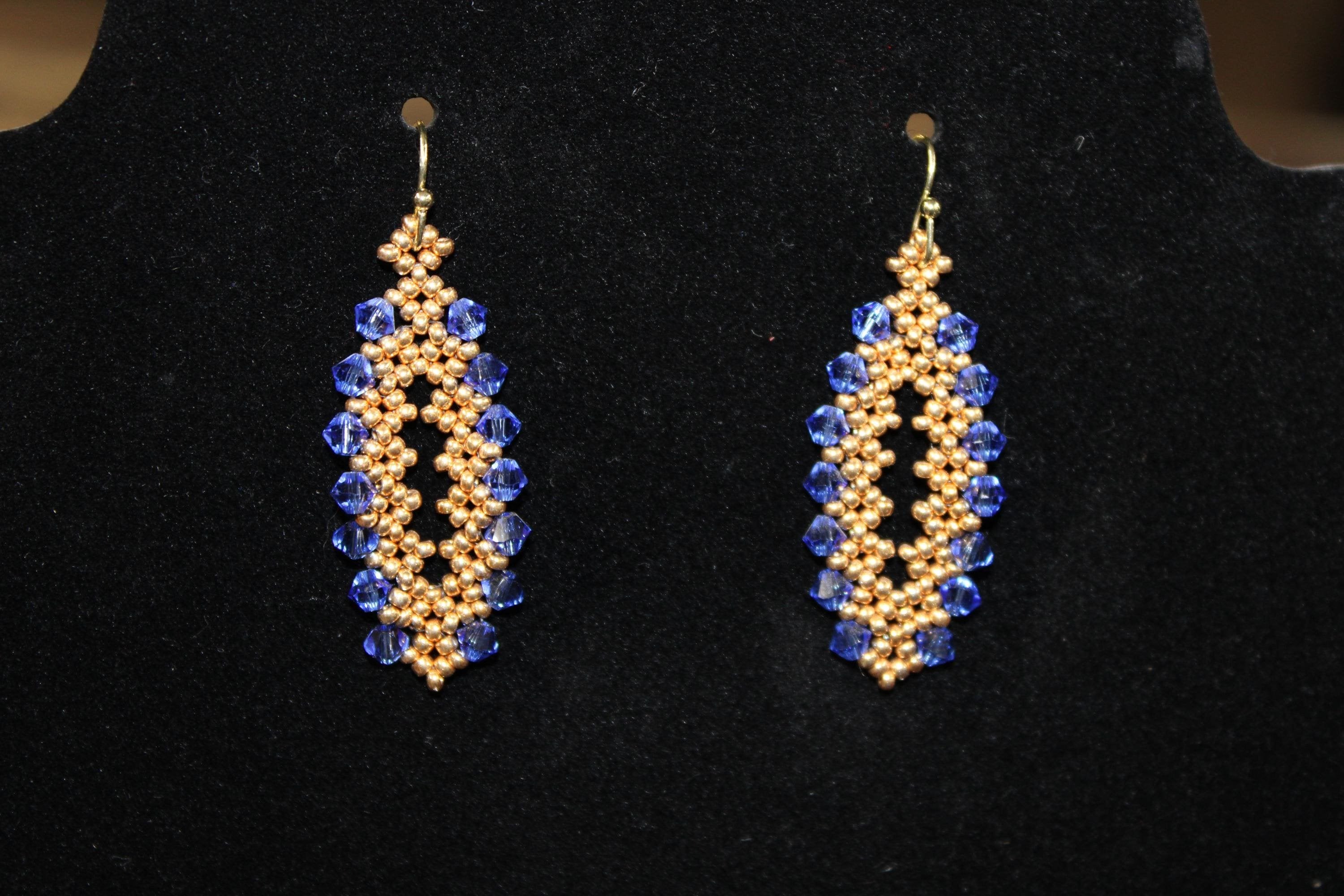 Gold and Blue Oval Beaded Earrings