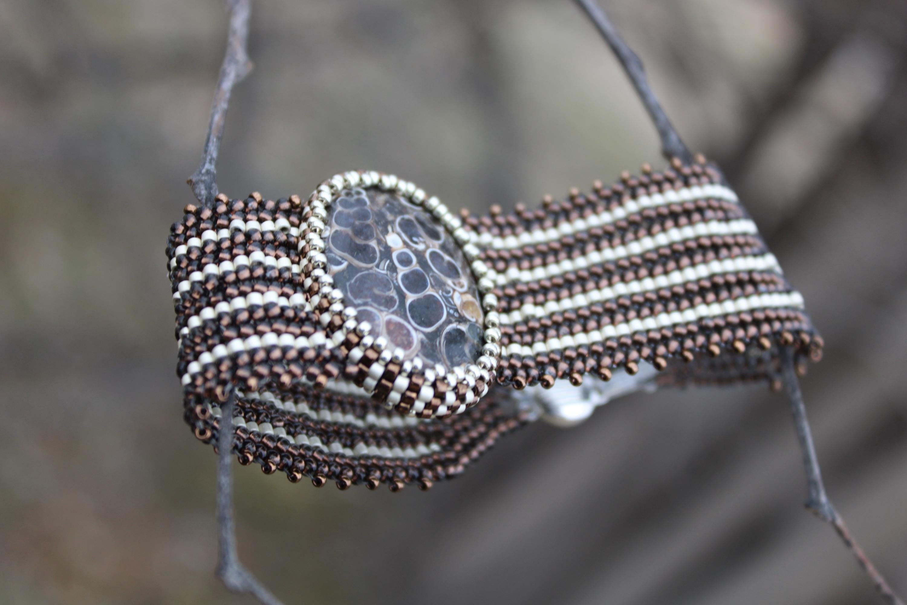 Beautiful Turritella Agate Wide Cuff Beaded Bracelet