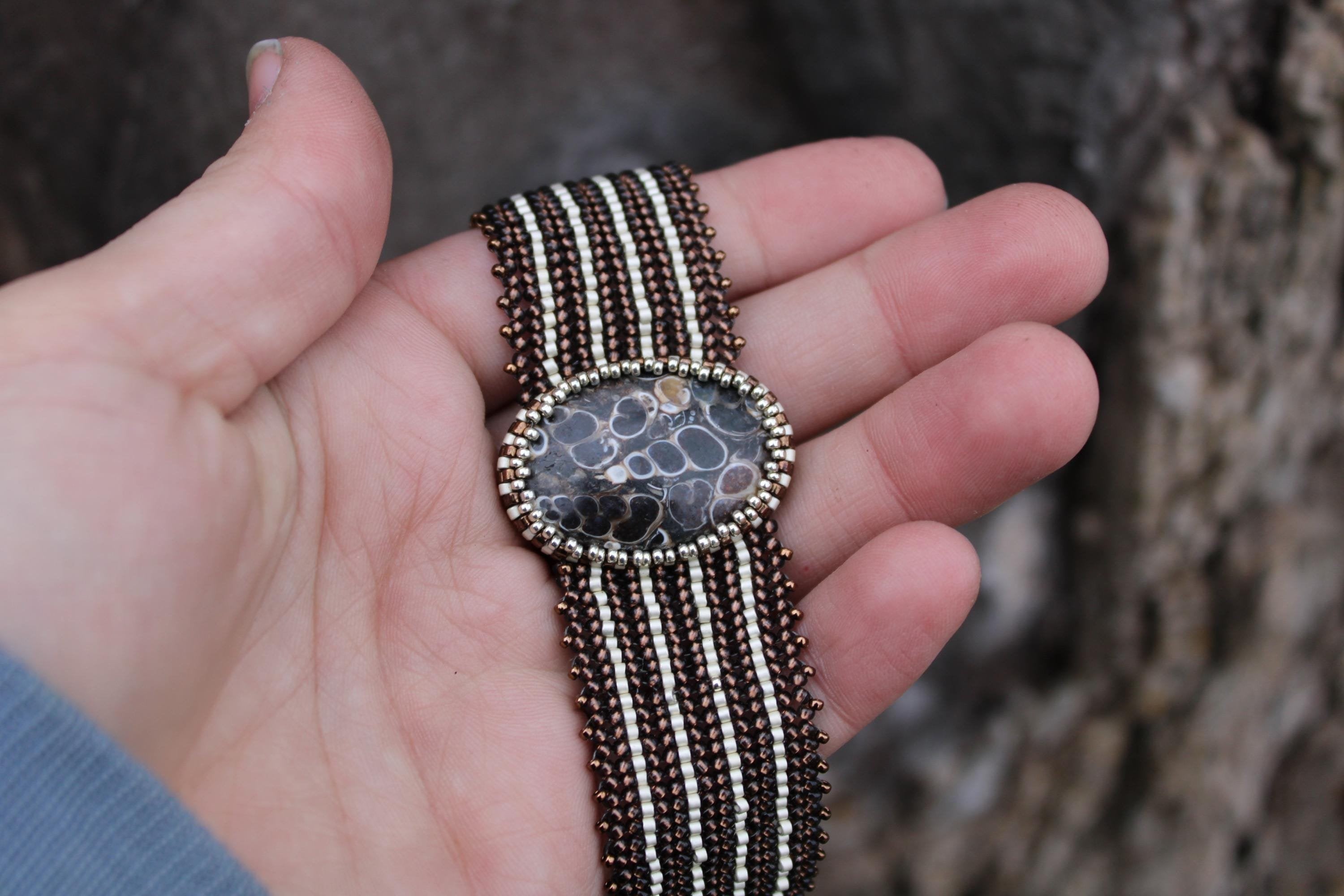 Beautiful Turritella Agate Wide Cuff Beaded Bracelet