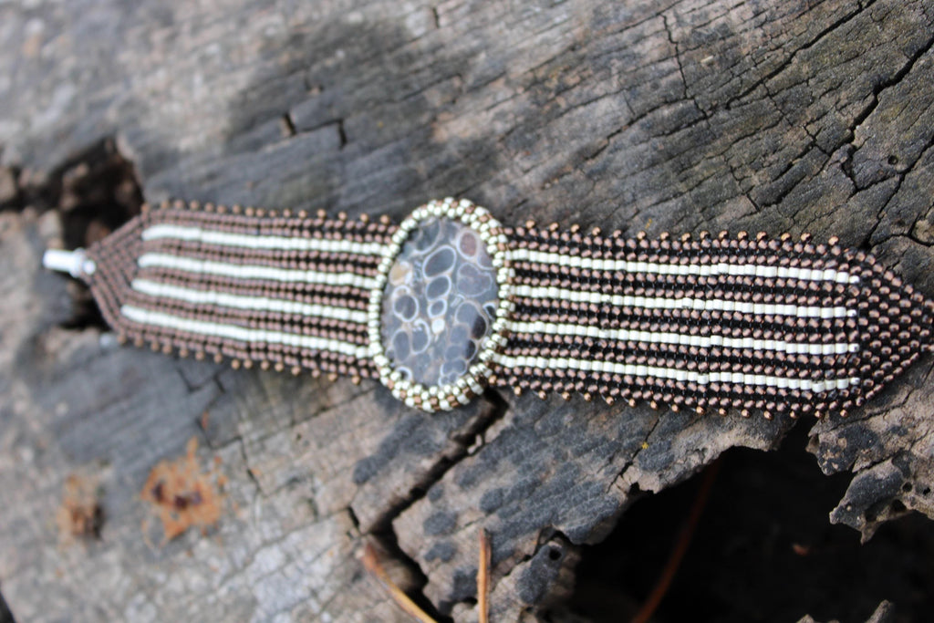 Beautiful Turritella Agate Wide Cuff Beaded Bracelet