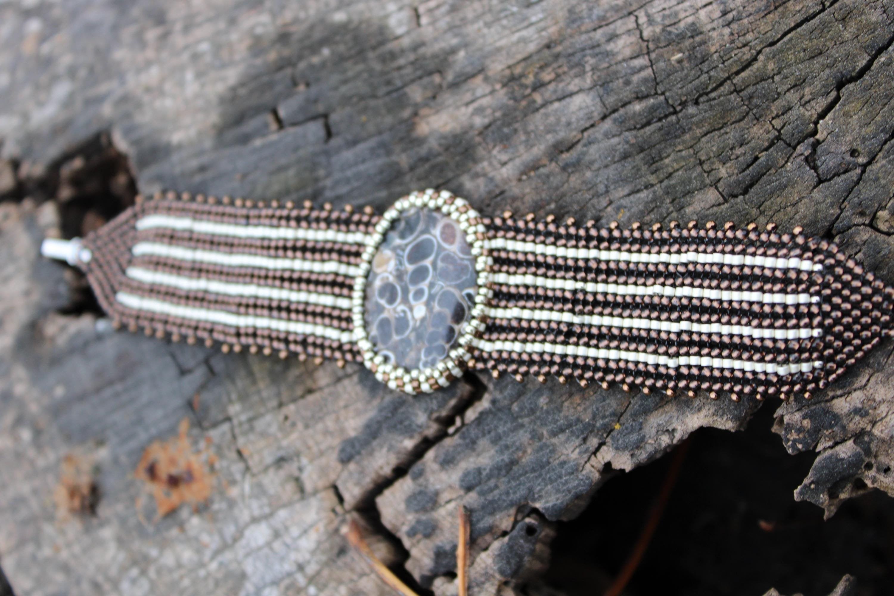 Beautiful Turritella Agate Wide Cuff Beaded Bracelet