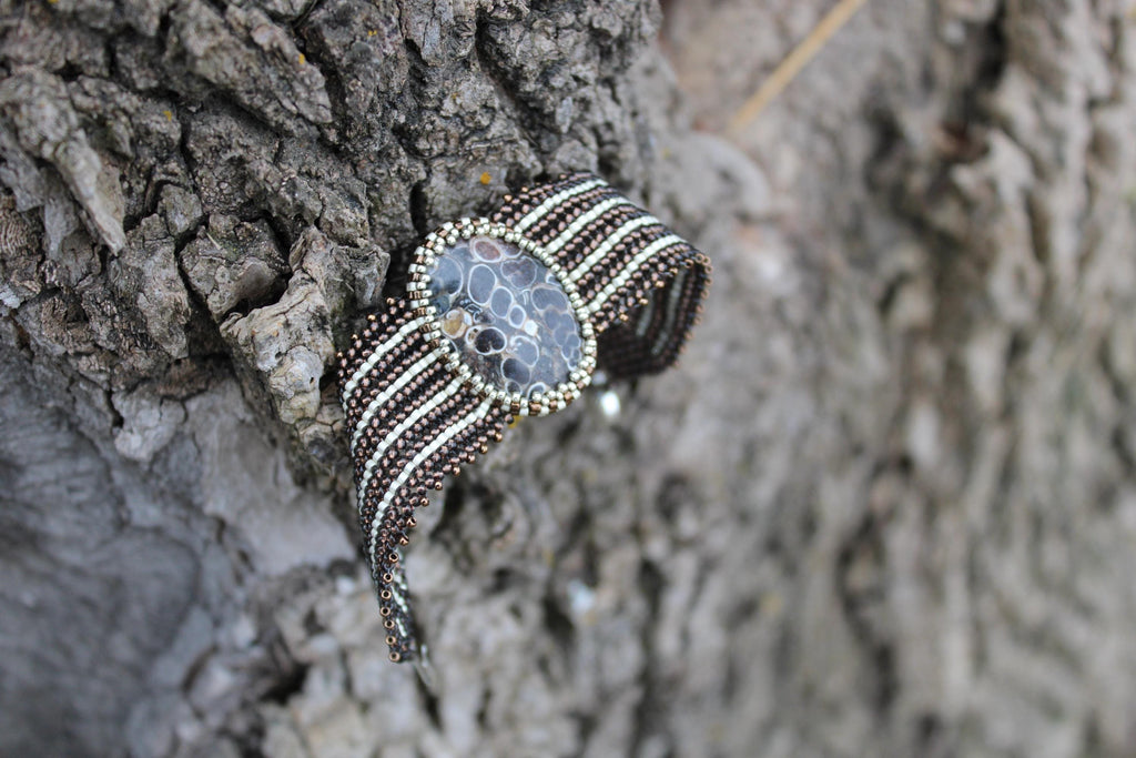 Beautiful Turritella Agate Wide Cuff Beaded Bracelet
