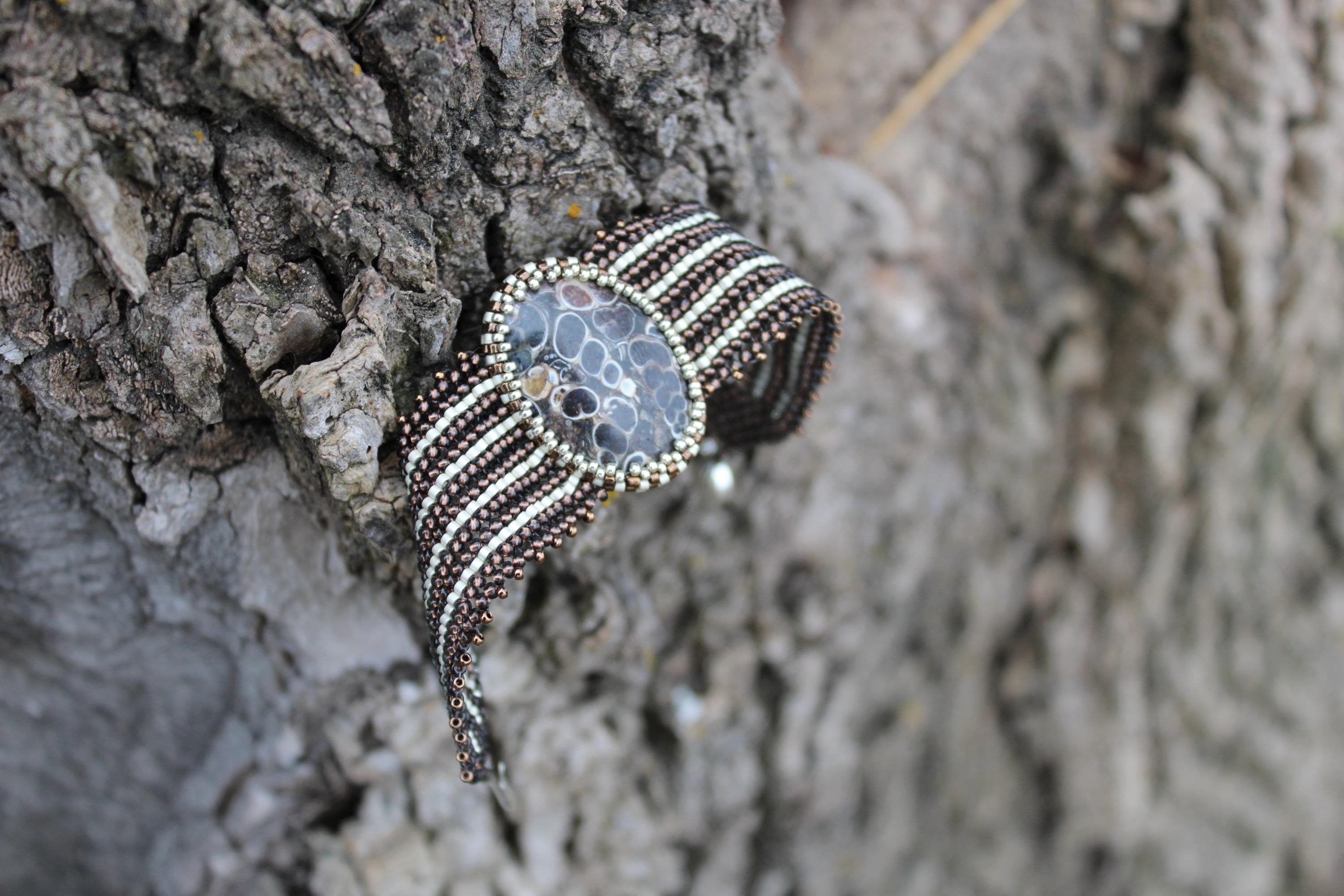 Beautiful Turritella Agate Wide Cuff Beaded Bracelet