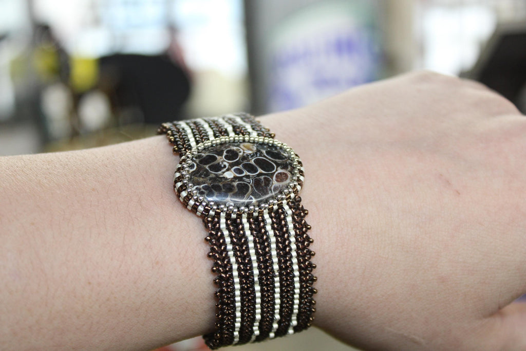 Beautiful Turritella Agate Wide Cuff Beaded Bracelet