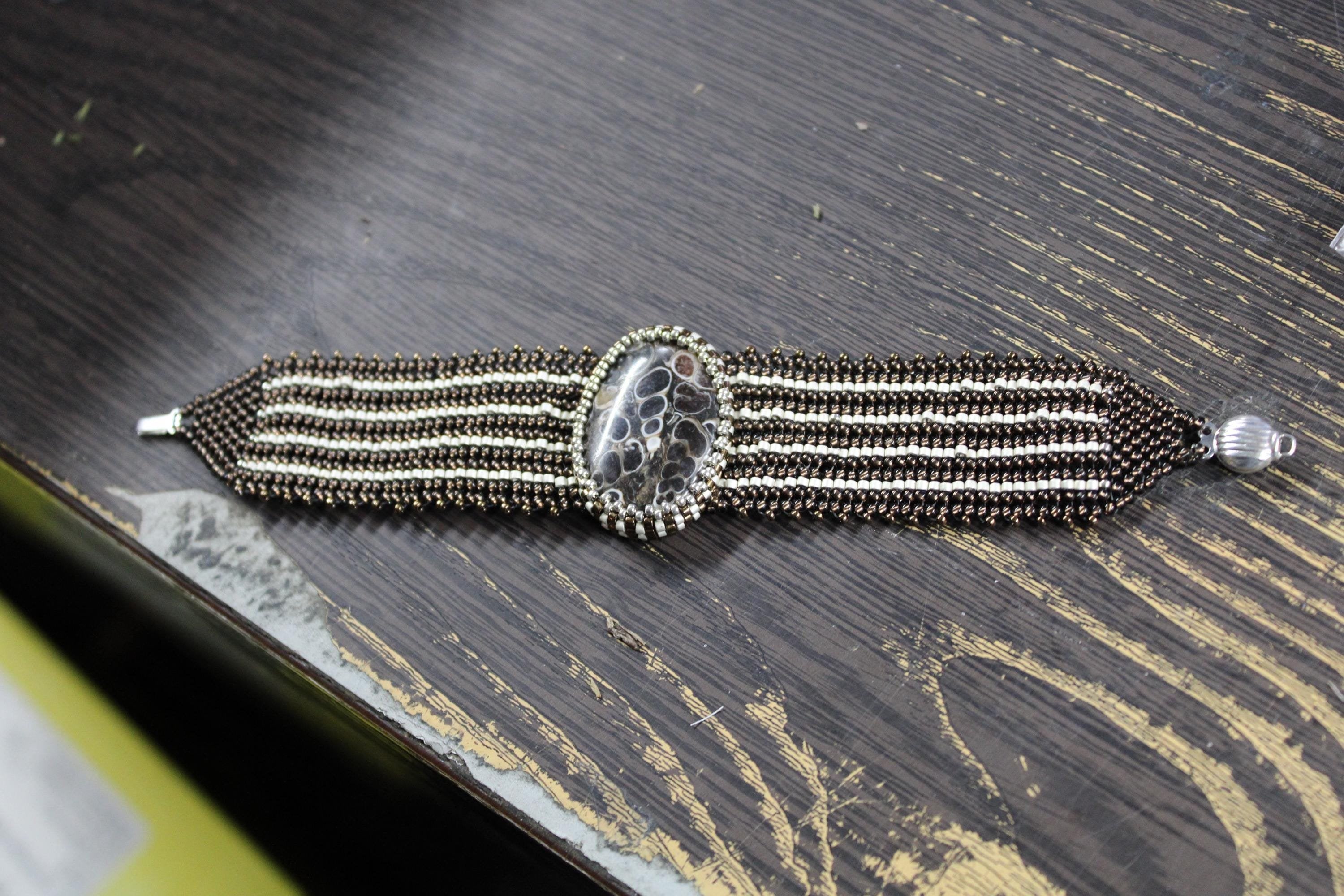 Beautiful Turritella Agate Wide Cuff Beaded Bracelet