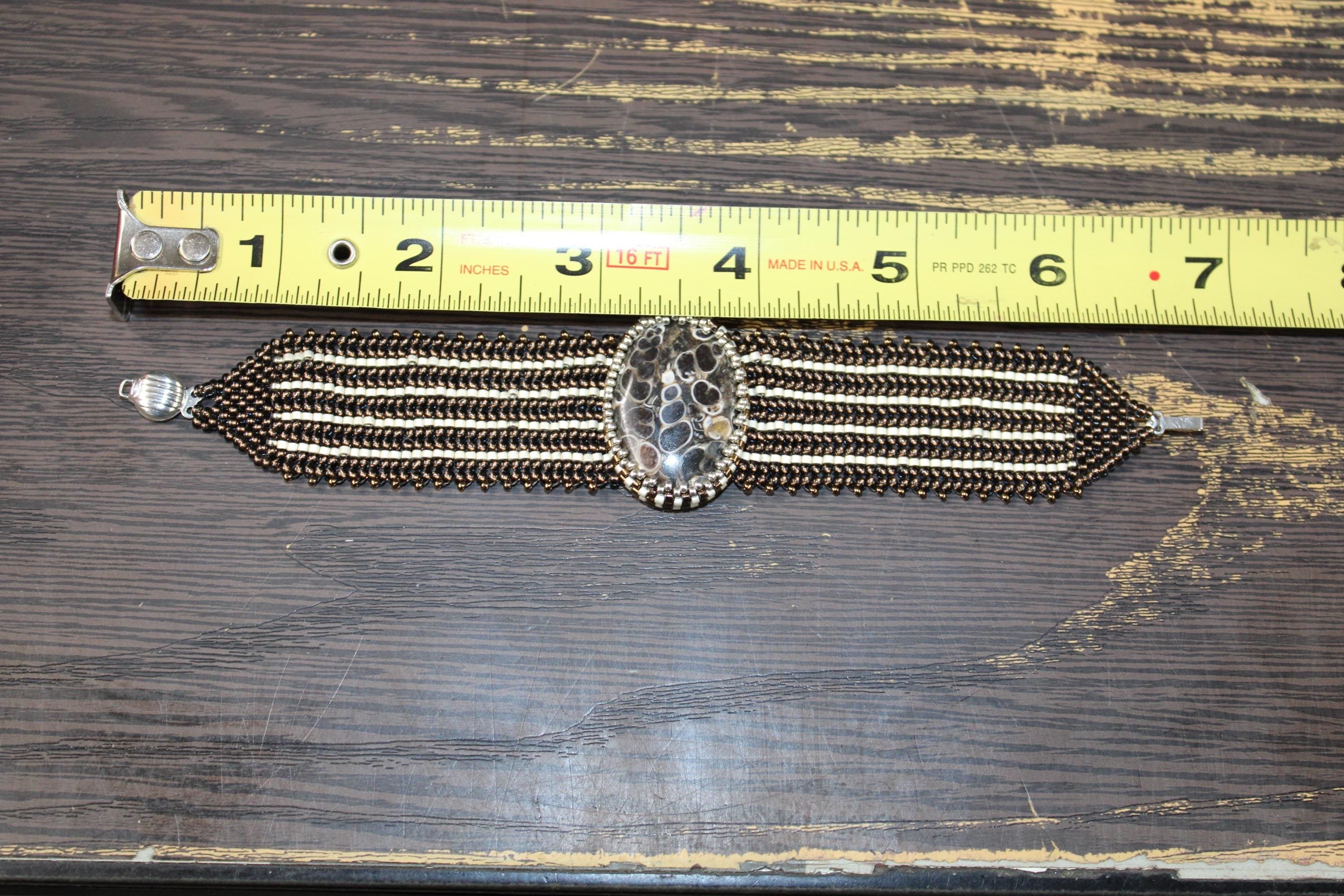 Beautiful Turritella Agate Wide Cuff Beaded Bracelet
