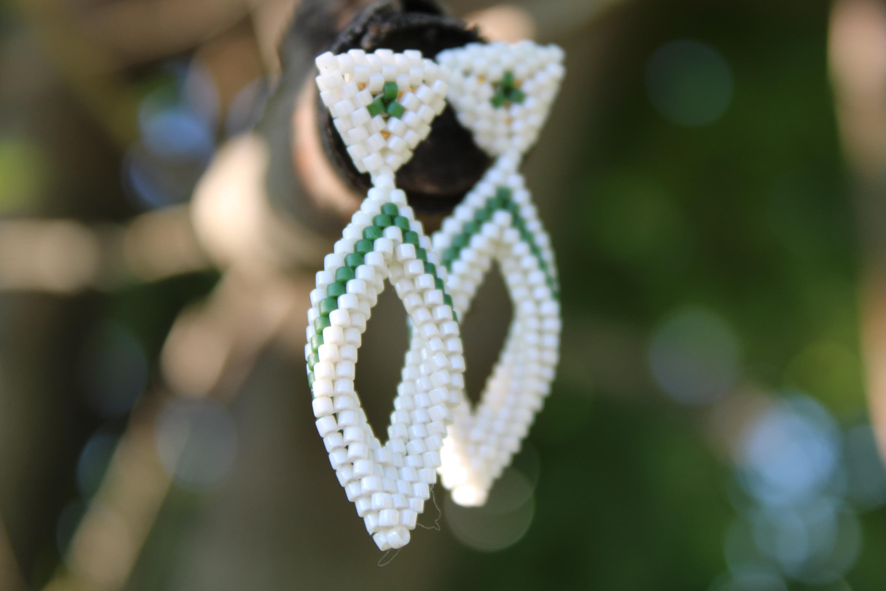 Small Green and White Peyote Twist Earrings