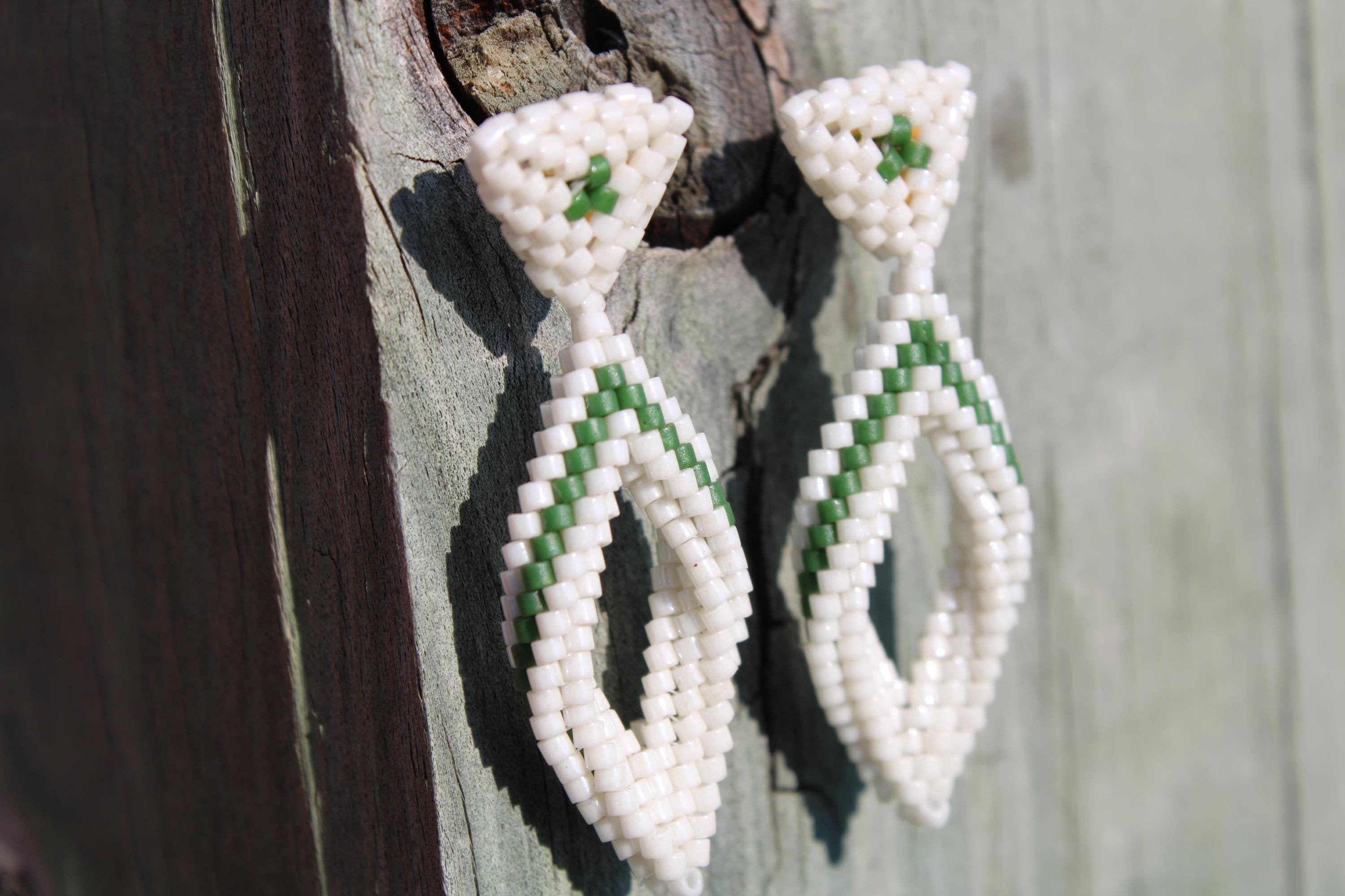 Small Green and White Peyote Twist Earrings