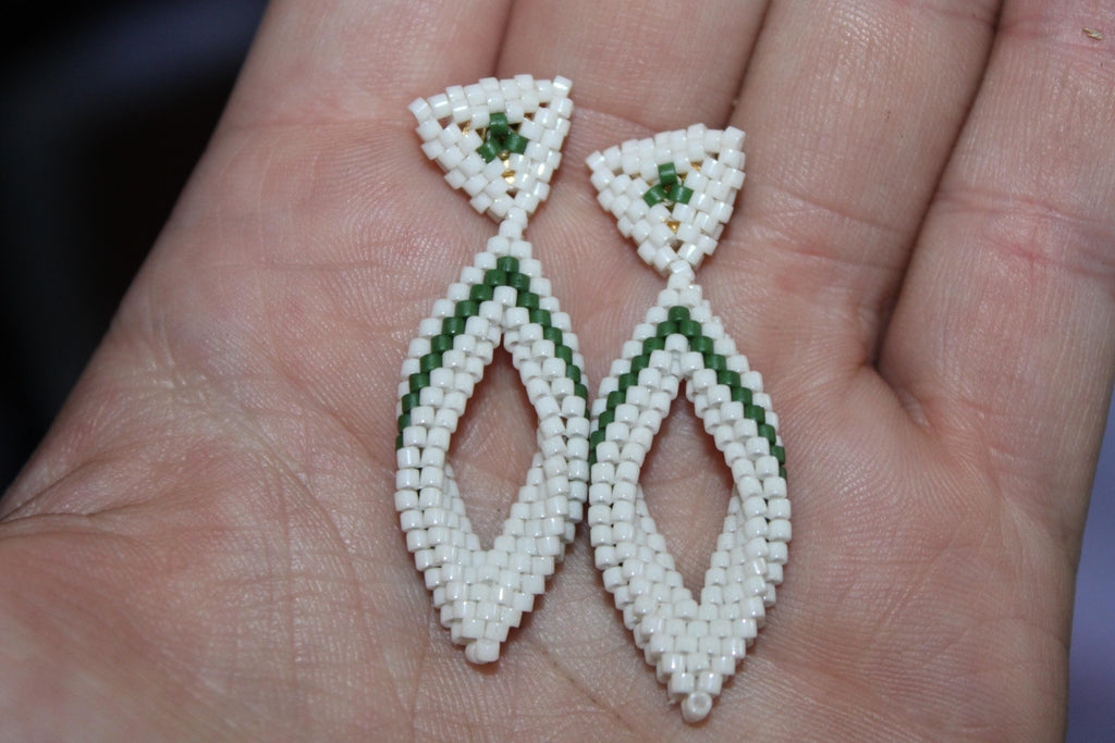 Small Green and White Peyote Twist Earrings