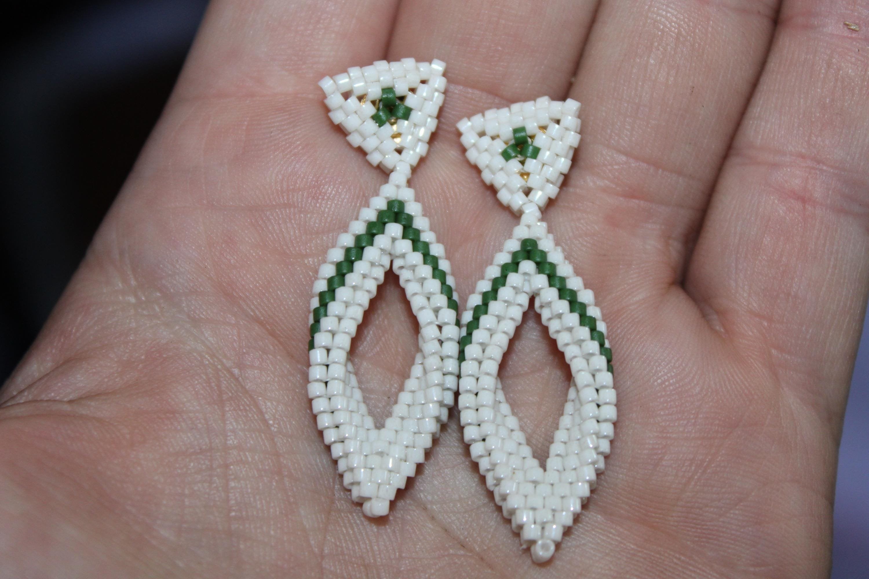 Small Green and White Peyote Twist Earrings