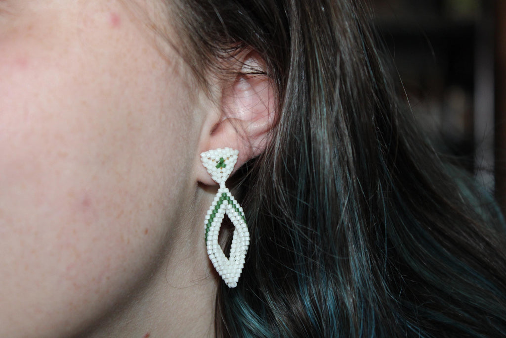 Small Green and White Peyote Twist Earrings