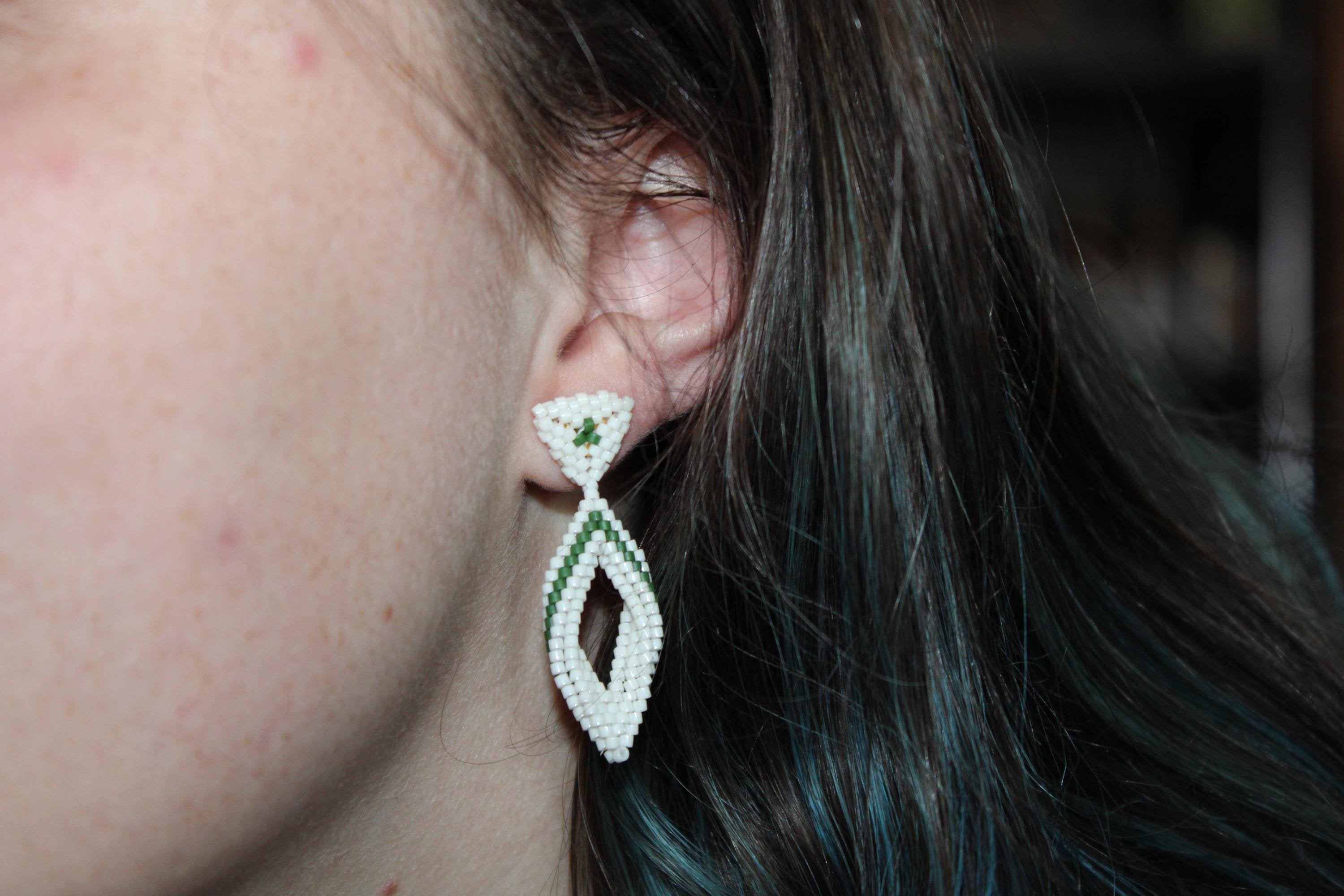 Small Green and White Peyote Twist Earrings