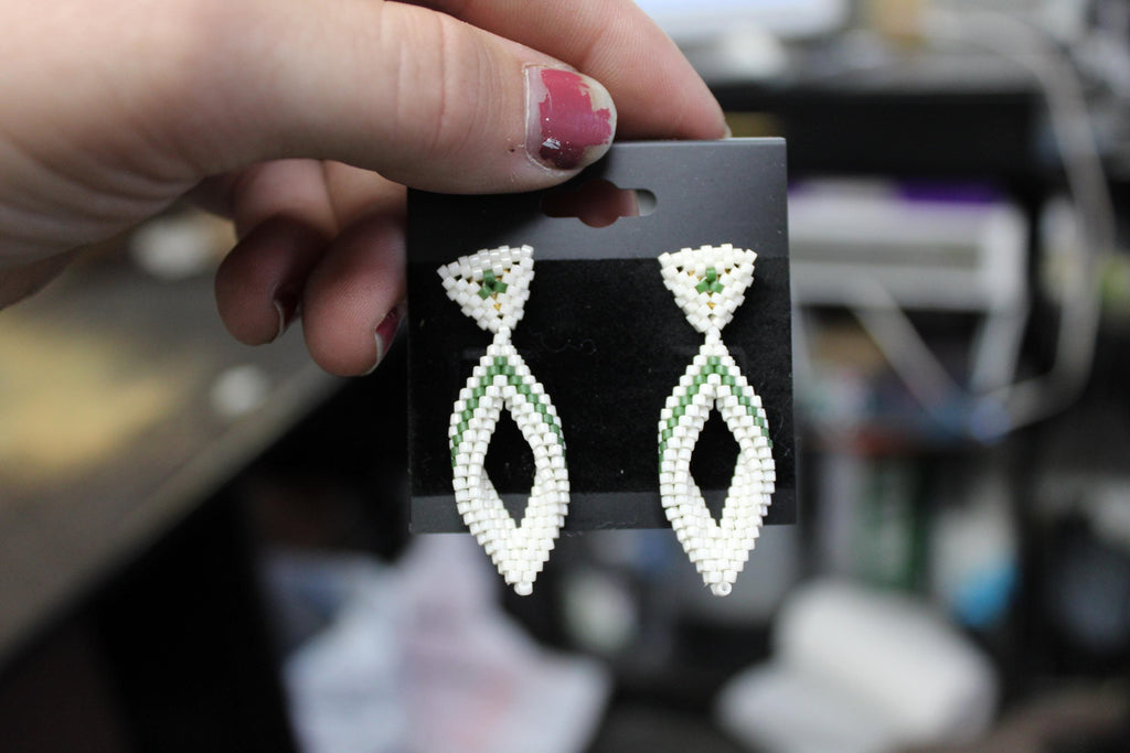 Small Green and White Peyote Twist Earrings